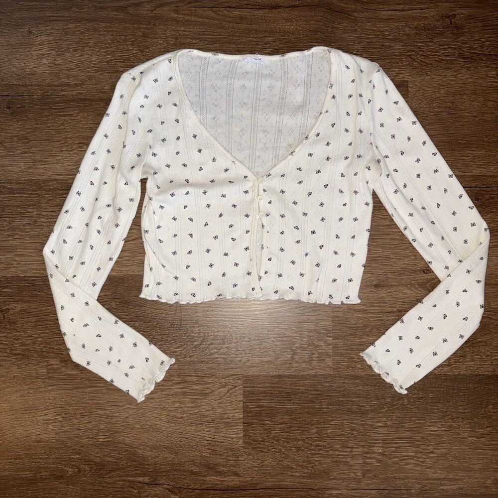 Cotton On Pointelle Butterfly Long Sleeve Crop Top size S